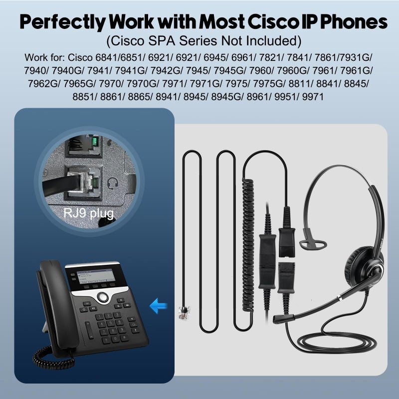 MKJ Cisco Headset for Office Phones Corded RJ9 Telephone Headset with Microphone Noise Cancelling for Cisco CP-7841 7861 7941G 7942G 7945G 7960G 7962G 7965G 7975G 8811 8845 8851 8861 8865 9951 9971 - Image 5